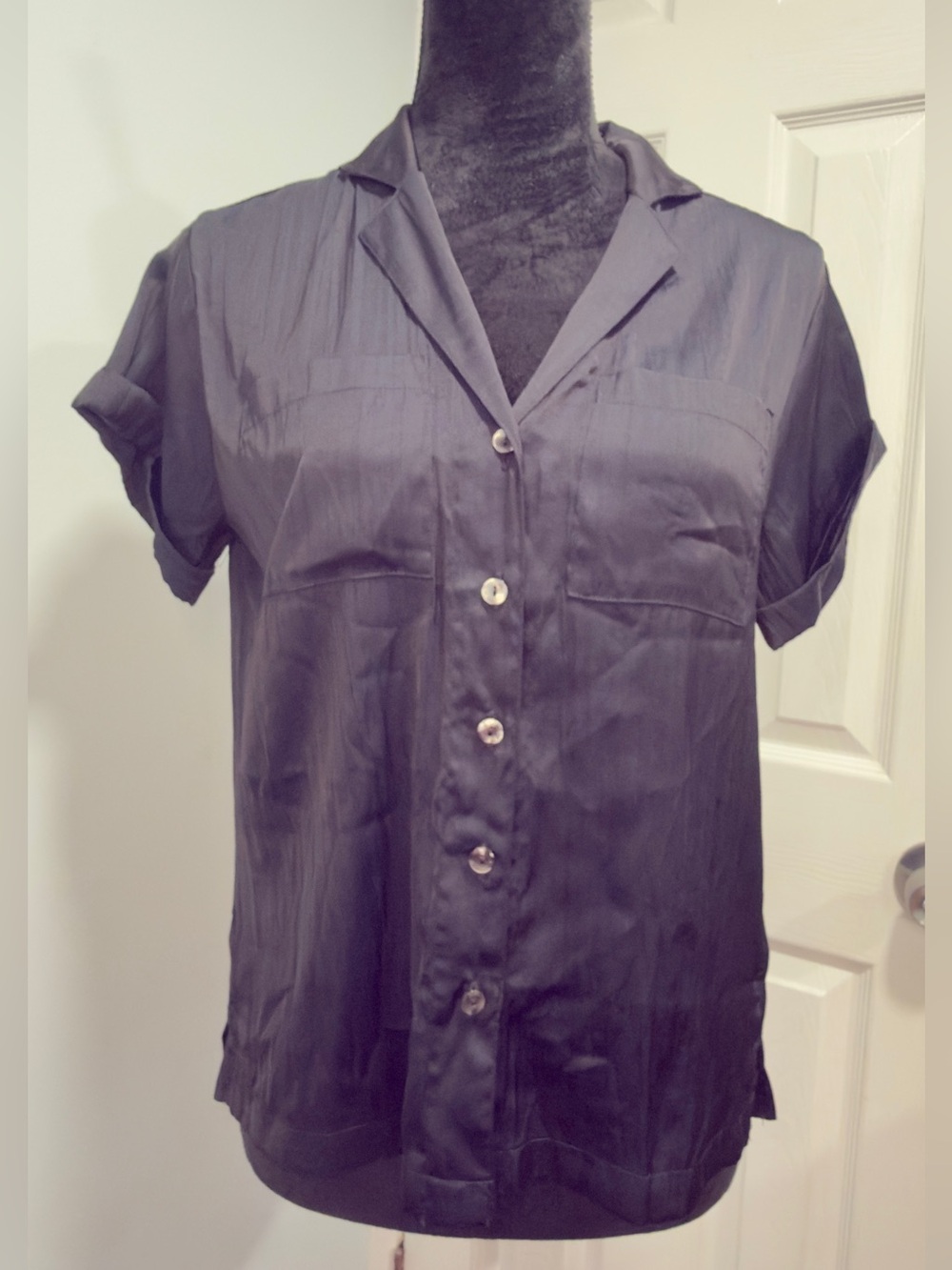 Anthropologie Slate Gray Short-Sleeve Button Down Blouse